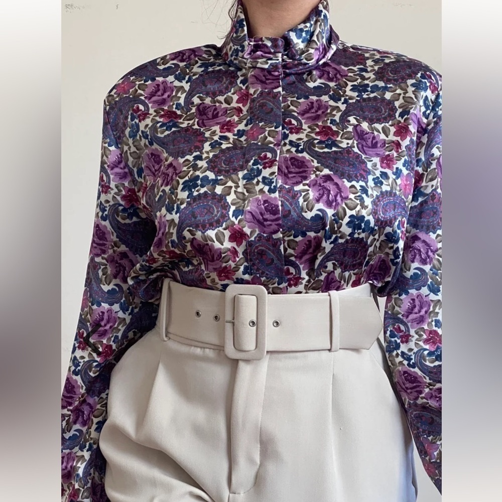 Vintage 80’s Satin High Neck Paisley Floral Leslie Fay Blouse 8